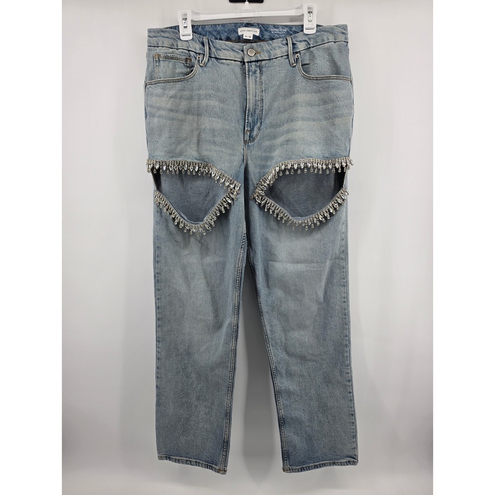 Good American Light Wash Denim Wide Leg Jeans with Rhinestone Fringe